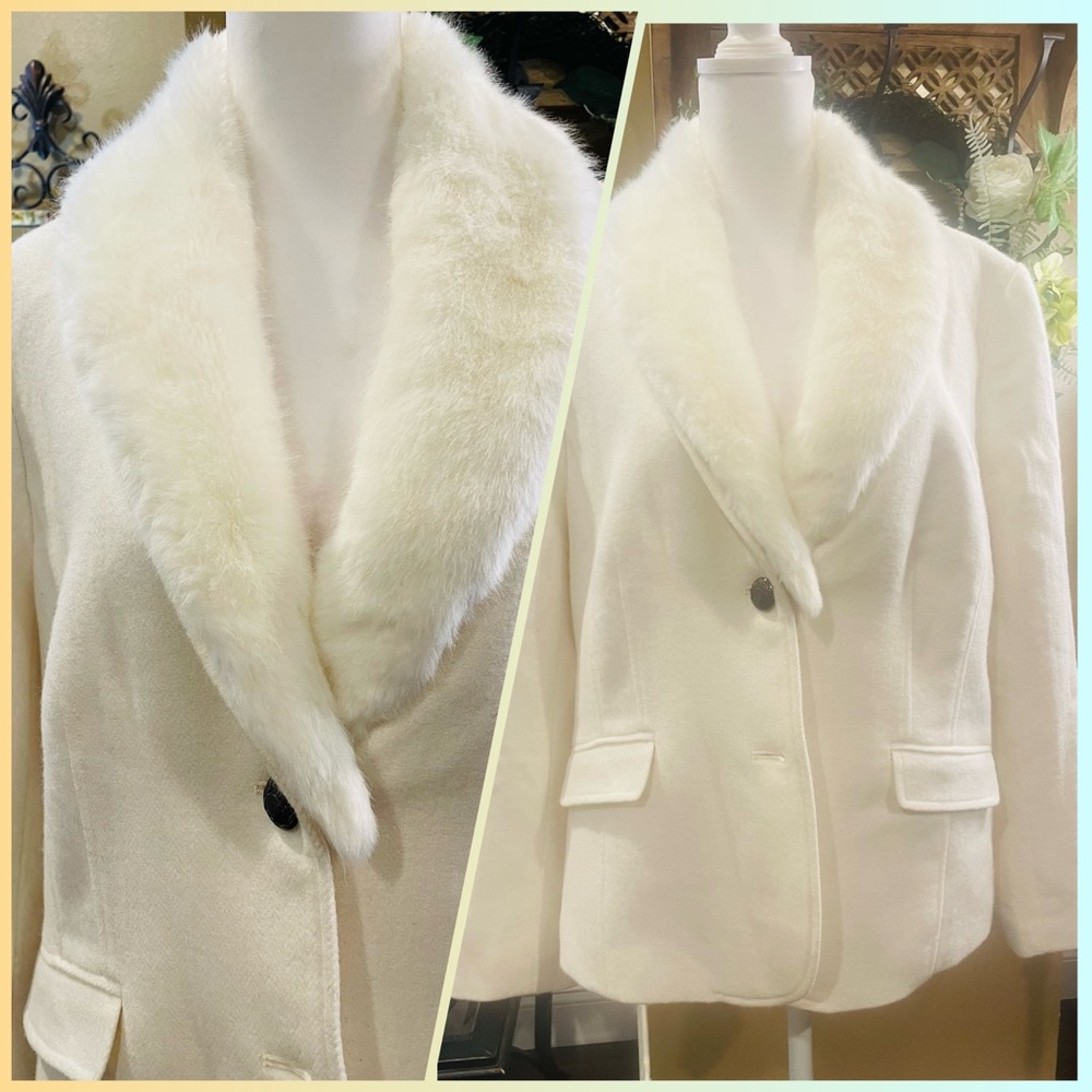 Talbots Aberdeen Ivory Wool Faux Fur Trim Jacket.